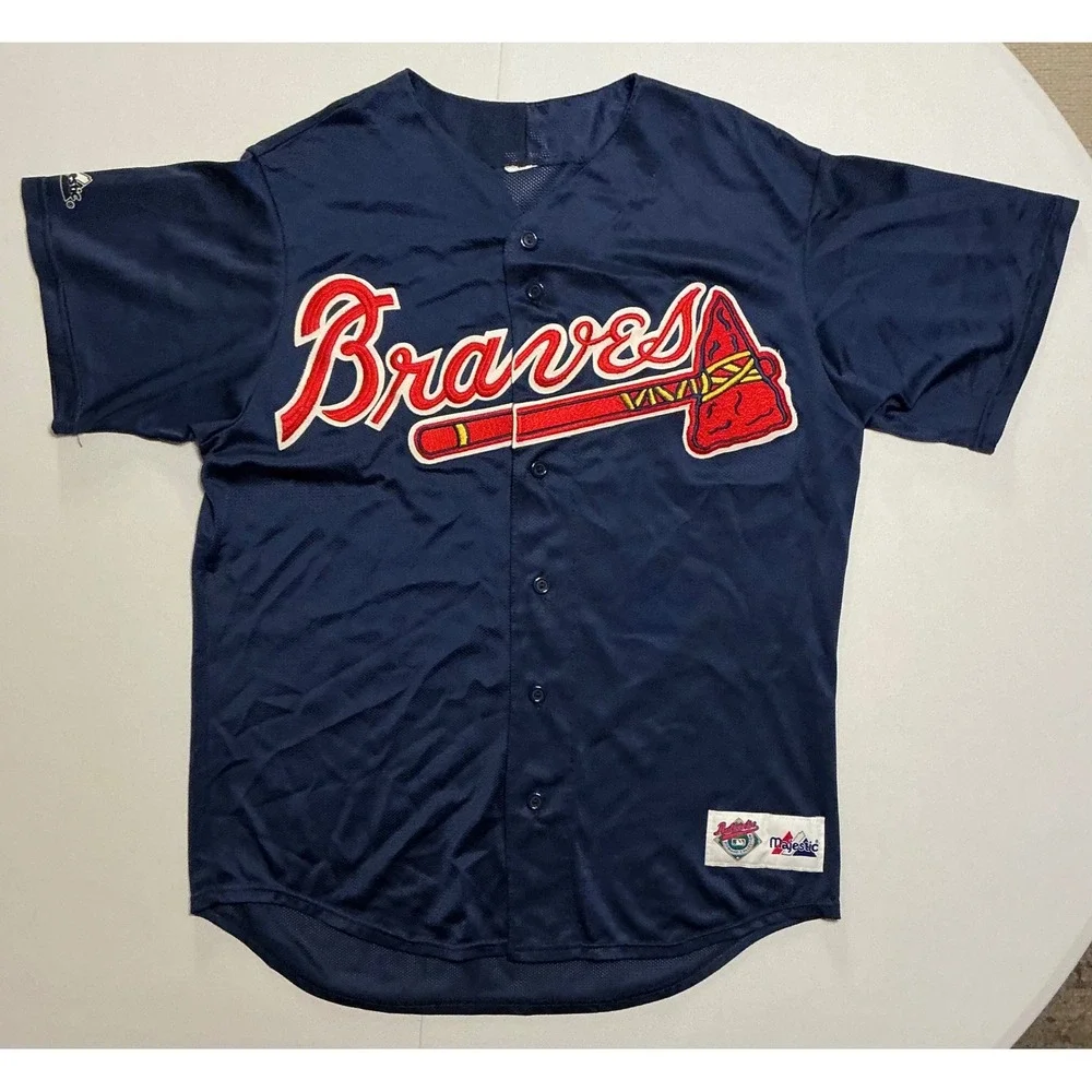 VTG 90s Majestic Atlanta Braves Diamond Collection Baseball Jersey Navy USA L‎